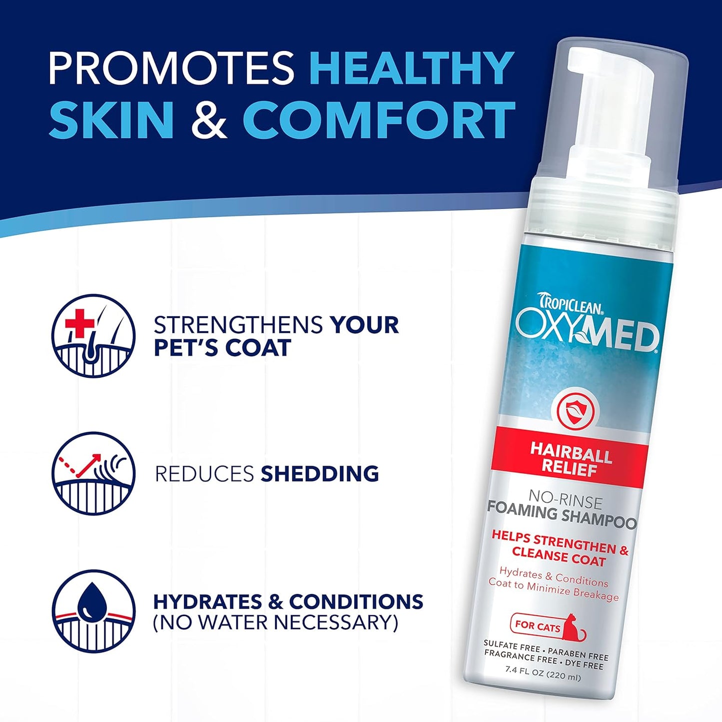 TropiClean OxyMed Hairball Relief No-Rinse Foaming Waterless Shampoo for Cats, 7.4oz