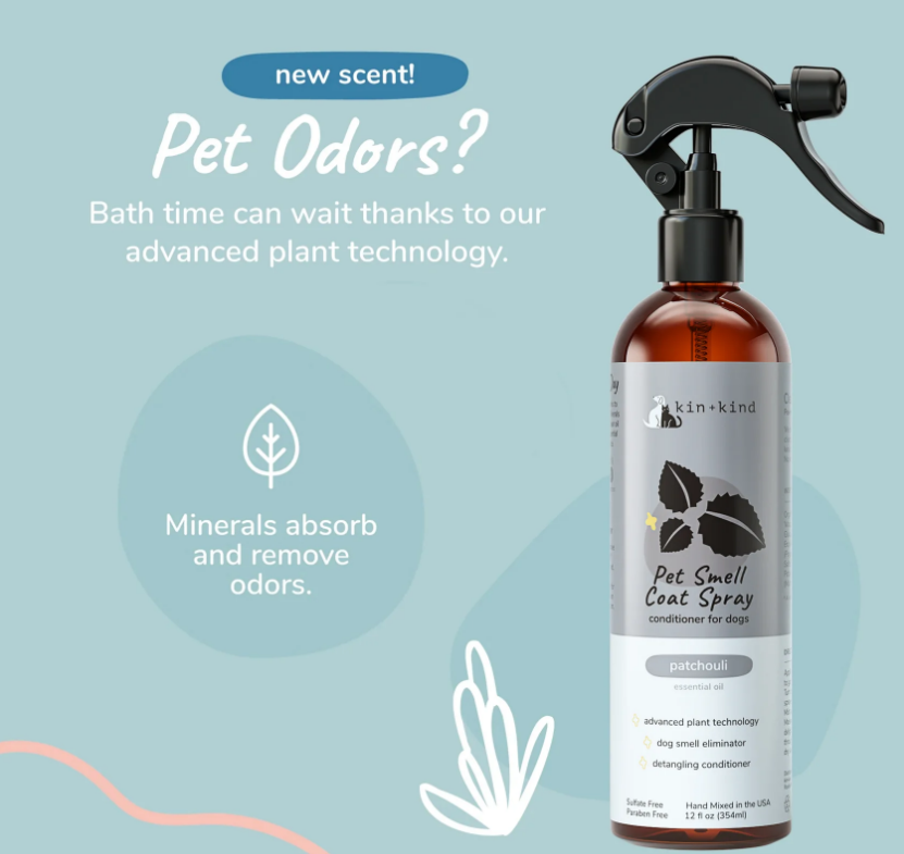 Kin+Kind Pet Smell Coat Spray Conditioner for Dogs & Cats, Patchouli Essential Oil 354ml
