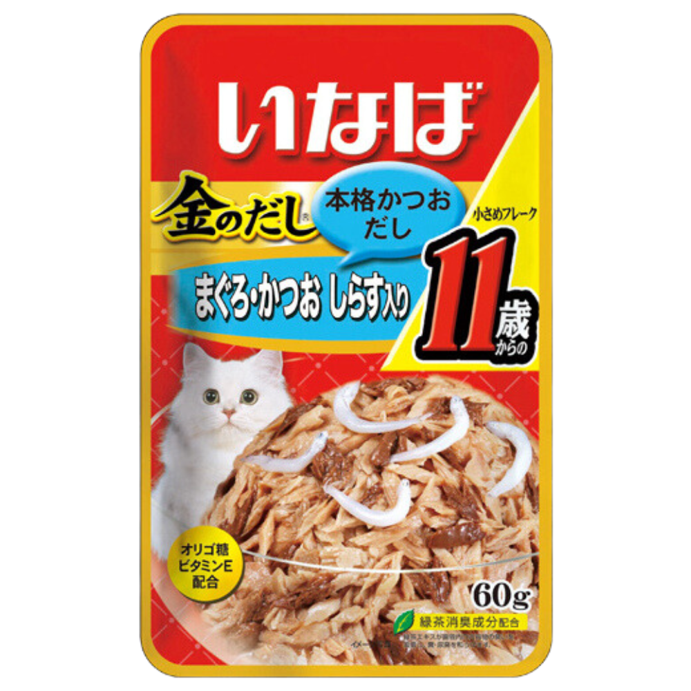 Ciao Golden Stock Pouch – Small Tuna Flakes with Whitebait for Mature Cat 11+, 60g