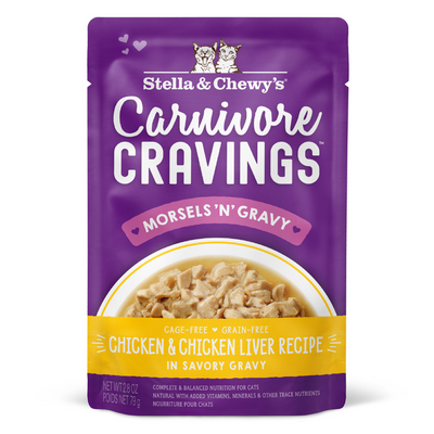 Stella & Chewy’s Carnivore Cravings Morsels’N’Gravy Chicken & Chicken Liver Pouch Wet Cat Food, 2.8oz