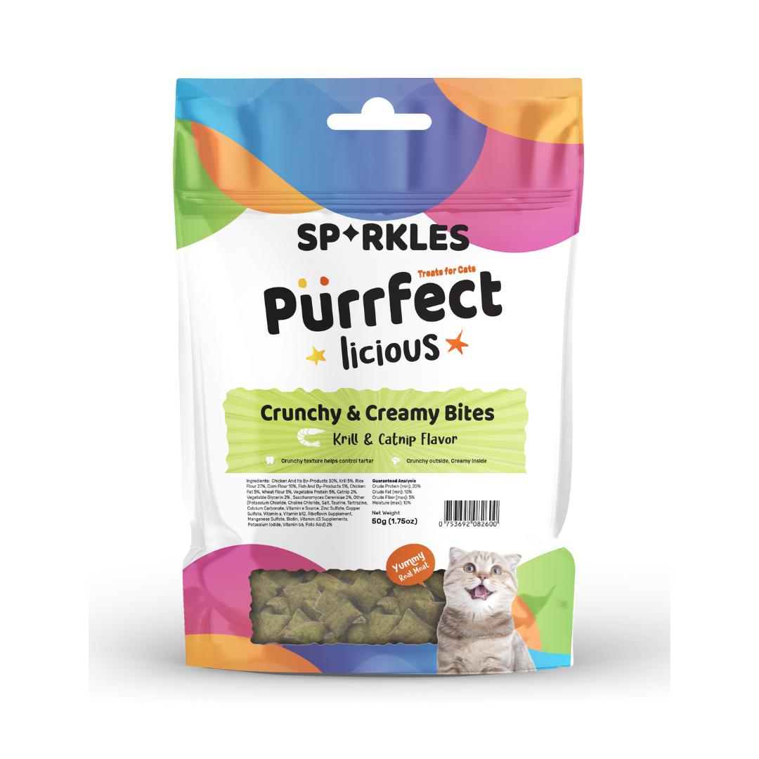 Sparkles Purrfectlicious Crunchy & Creamy Bites Cat Treats – Krill & Catnip, 50g