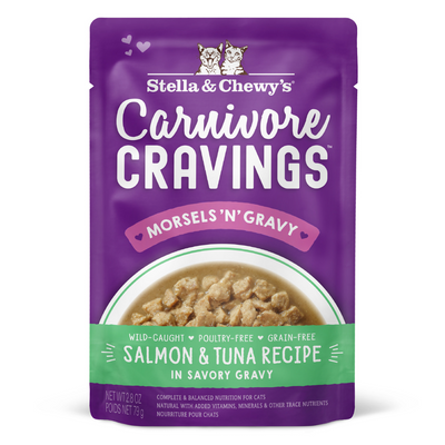 Stella & Chewy’s Carnivore Cravings Morsels’N’Gravy Salmon & Tuna Pouch Wet Cat Food, 2.8oz