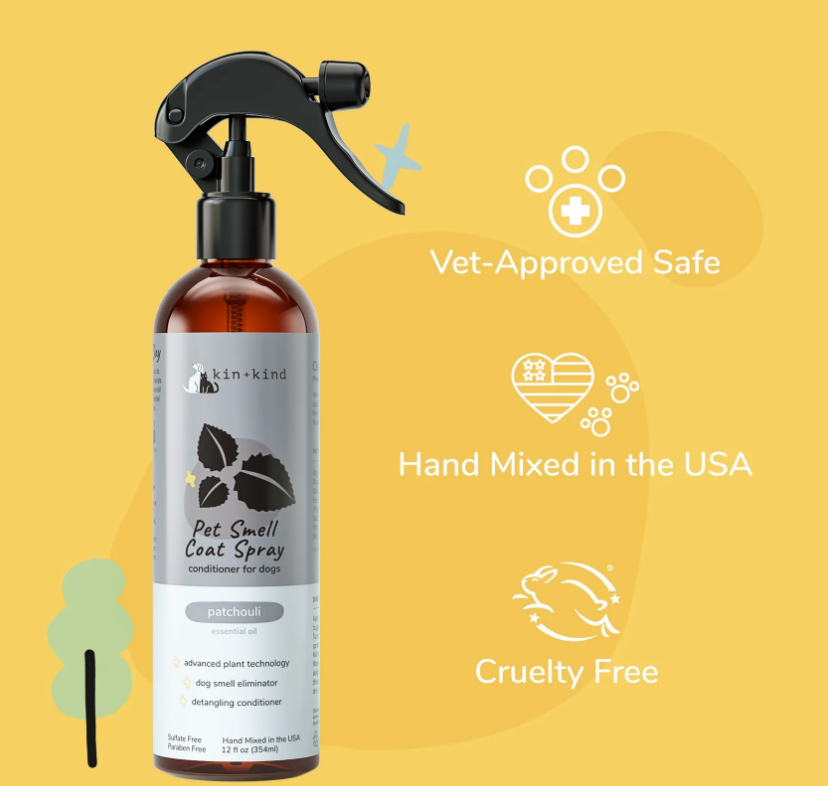 Kin+Kind Pet Smell Coat Spray Conditioner for Dogs & Cats, Patchouli Essential Oil 354ml