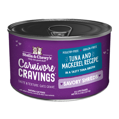 Stella & Chewy’s Carnivore Cravings – Savory Shreds Tuna & Mackerel Dinner in Broth 5.2oz