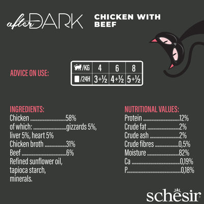 (Carton of 12) Schesir After Dark Wholefood - Chicken with Beef, 80g