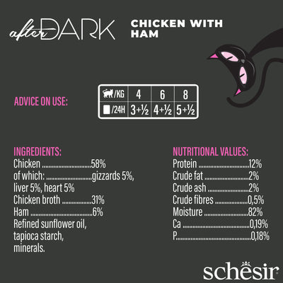 (Carton of 12) Schesir After Dark Wholefood - Chicken with Ham, 80g