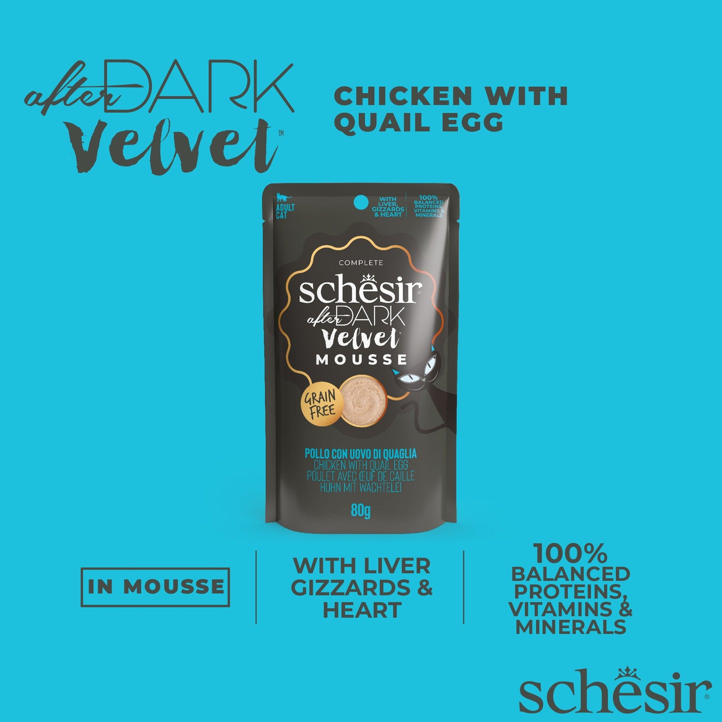 (Carton of 12) Schesir After Dark Velvet Mousse - Chicken with Quail Egg, 80g