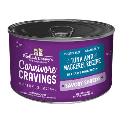(Carton of 6) Stella & Chewy’s Carnivore Cravings – Savory Shreds Tuna & Mackerel Dinner in Broth 5.2oz