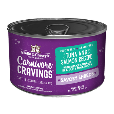 (Carton of 6) Stella & Chewy’s Carnivore Cravings – Savory Shreds Tuna & Salmon Dinner in Broth 5.2oz