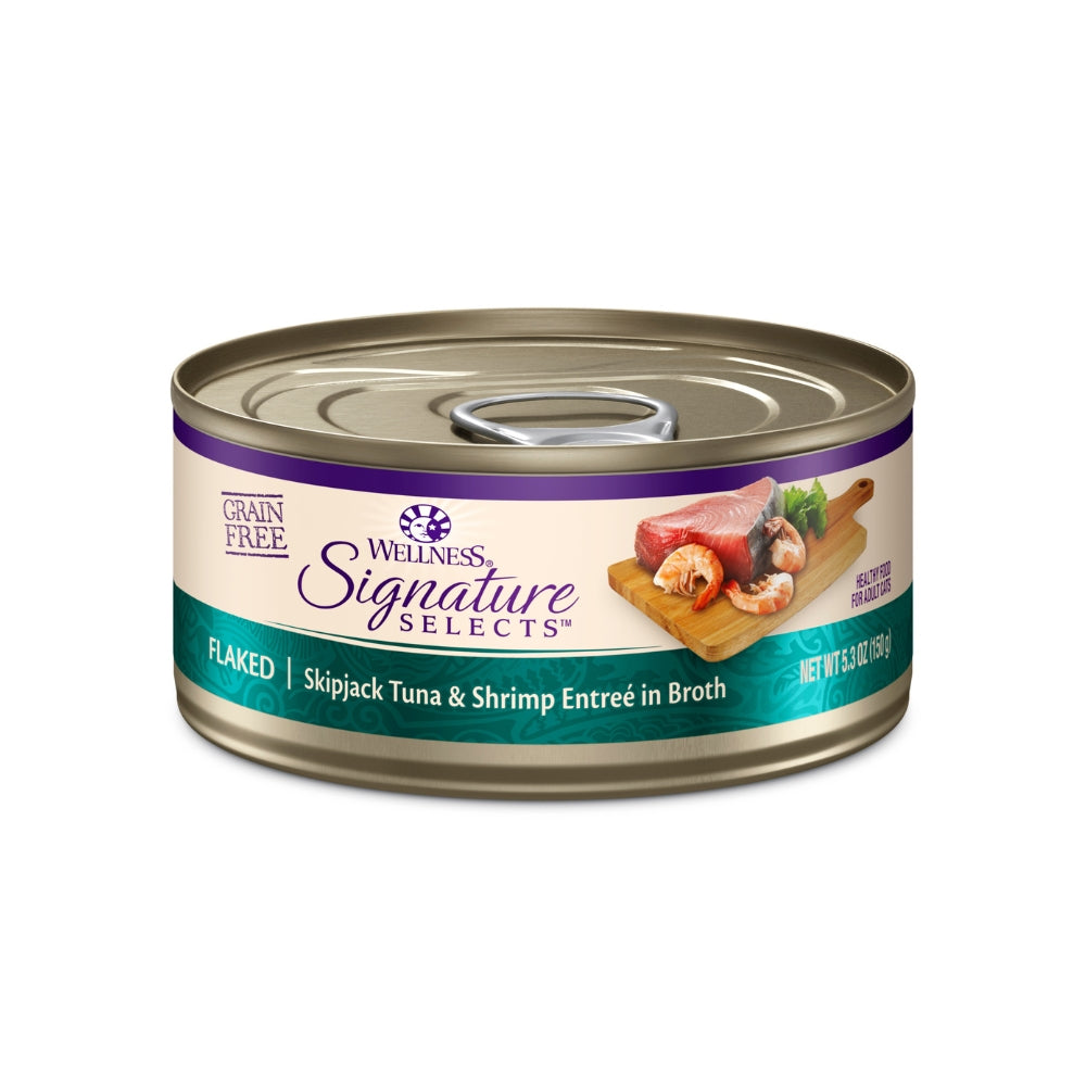 (Carton of 12) Wellness CORE Signature Selects Flaked Skipjack Tuna with Shrimp Entree in Broth Canned Cat Food, 5.3 oz