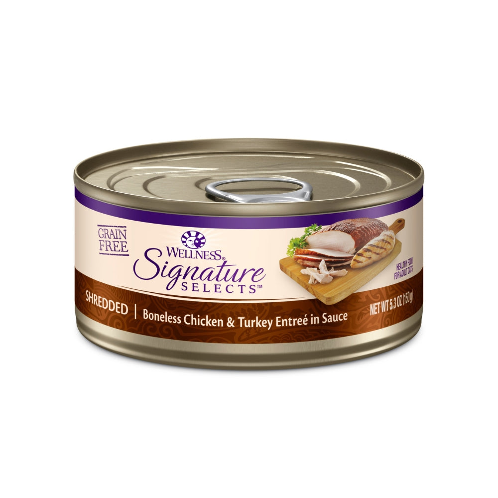 (Carton of 12) Wellness CORE Signature Selects Shredded White Meat Chicken & Turkey Entree in Sauce Canned Cat Food, 5.3 oz
