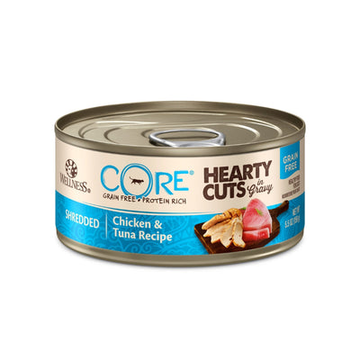 (Carton of 12) Wellness CORE Hearty Cuts in Gravy Shredded Chicken & Tuna Recipe Canned Cat Food, 5.5 oz