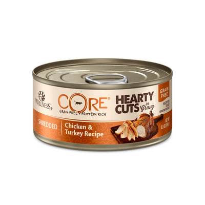 (Carton of 12) Wellness CORE Hearty Cuts in Gravy Shredded Chicken & Turkey Recipe Canned Cat Food, 5.5 oz